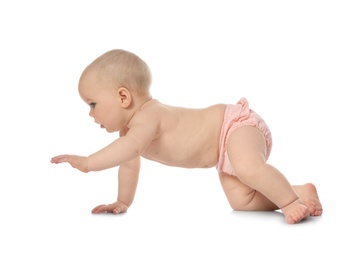 Photo of Cute little baby crawling on white background