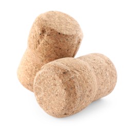 Two sparkling wine corks on white background