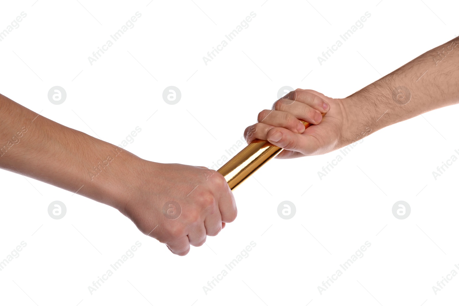 Photo of Man passing relay baton to teammate isolated on white, closeup