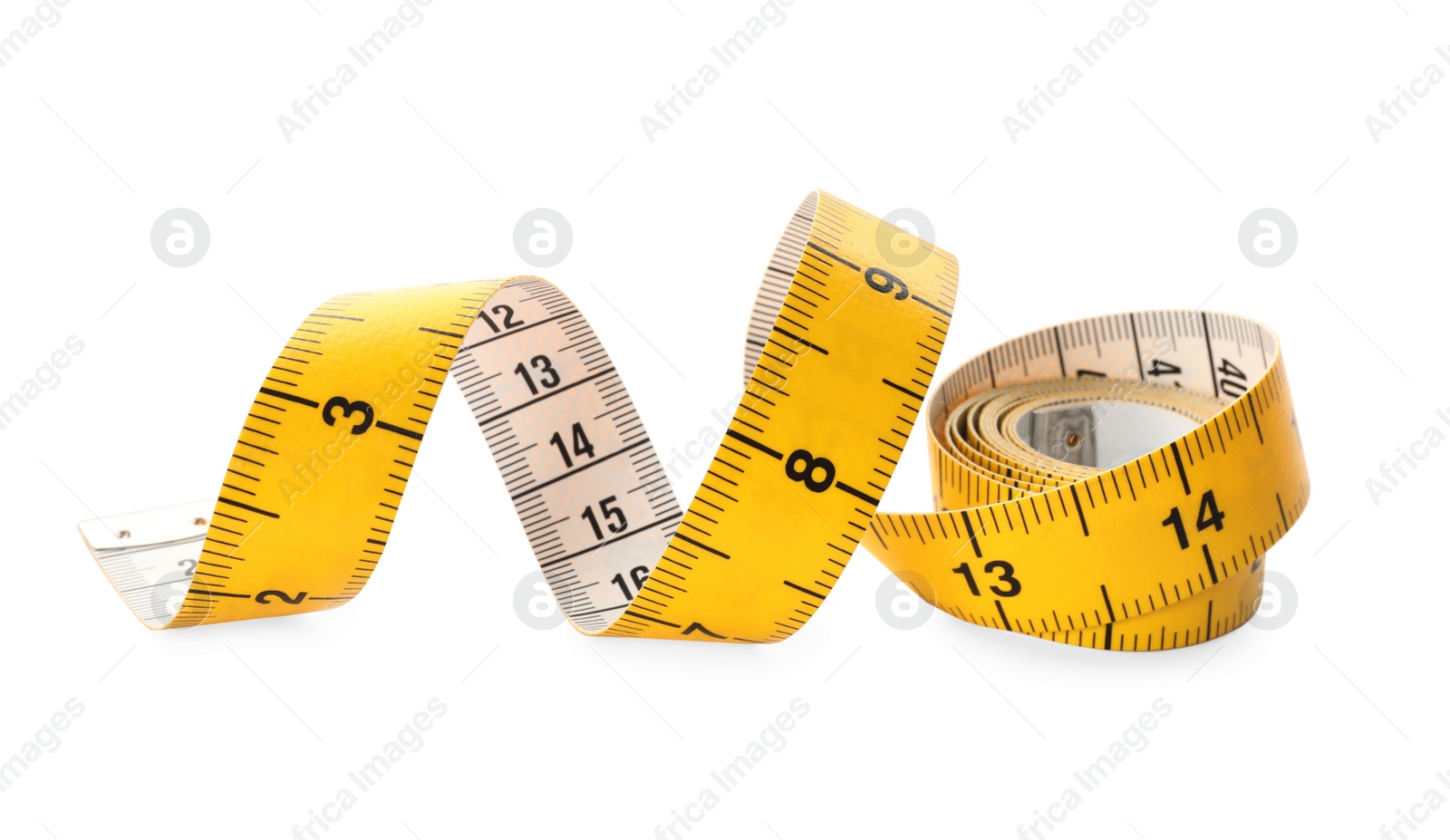 Photo of New yellow measuring tape isolated on white