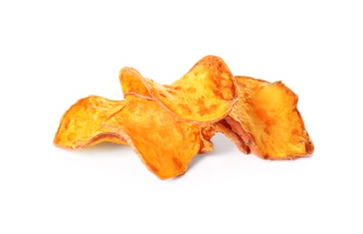 Pile of sweet potato chips isolated on white