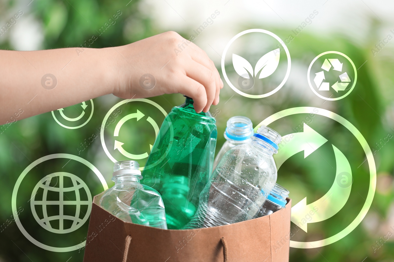 Image of Woman paper bag full of garbage on blurred background, closeup. Recycling and other icons around her