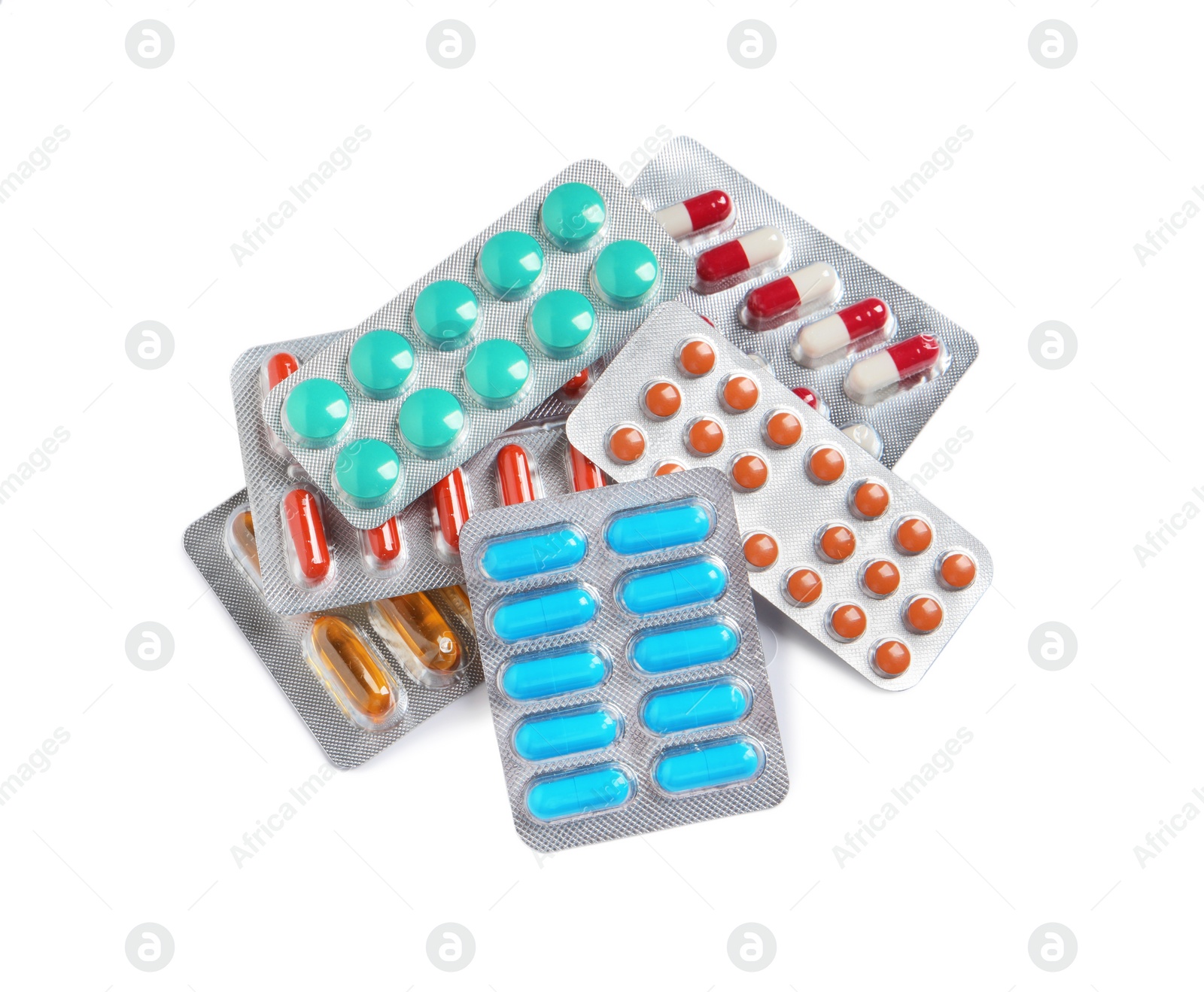 Photo of Blisters with different pills on white background, top view