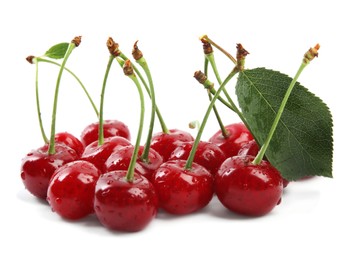 Photo of Fresh ripe cherries with water drops on white background