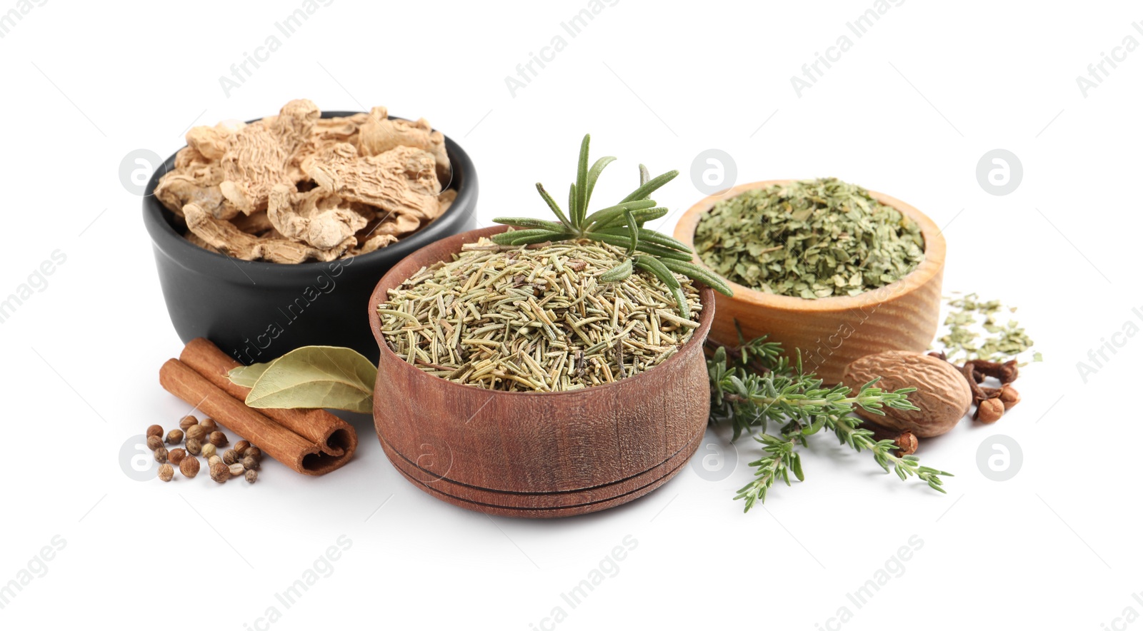 Photo of Different natural spices and herbs on white background