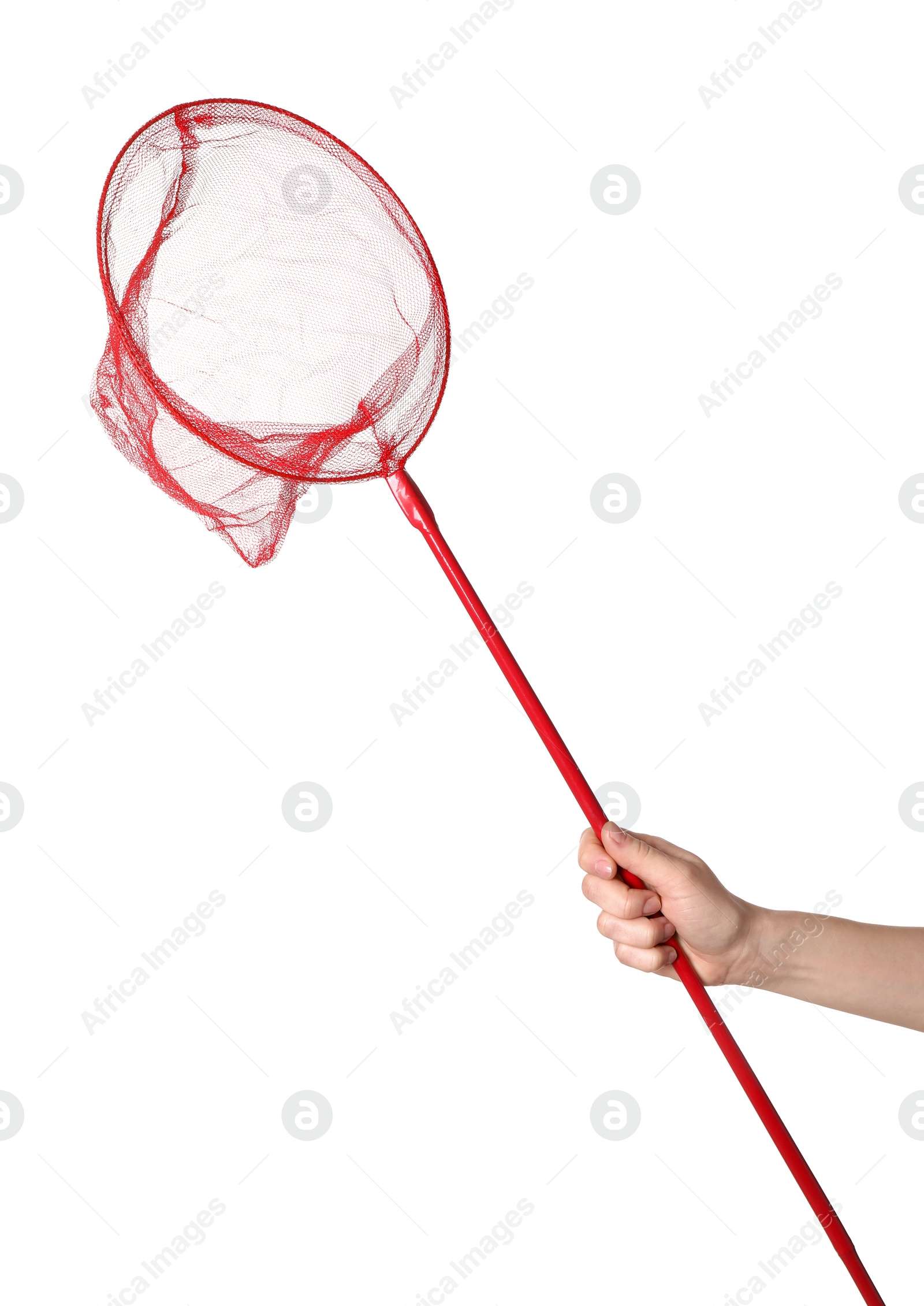 Photo of Woman with bright butterfly net on white background, closeup