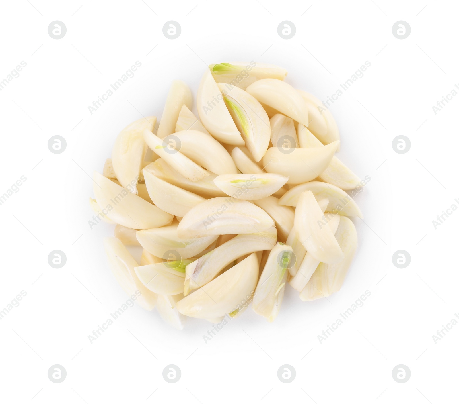 Photo of Peeled cloves of fresh garlic isolated on white, top view