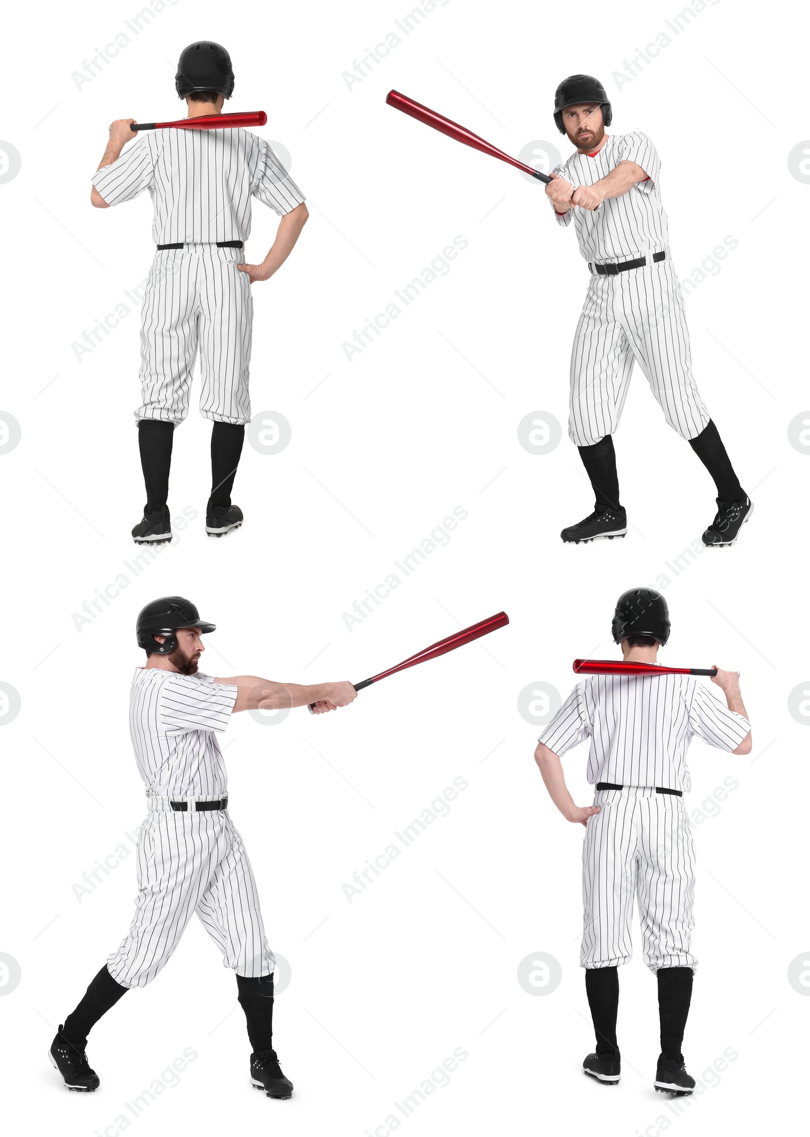 Image of Baseball player with bat on white background, set of photos