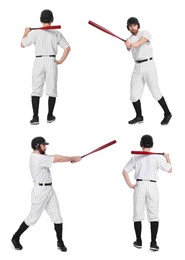 Baseball player with bat on white background, set of photos