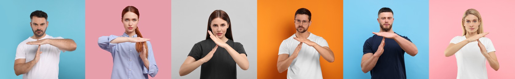 Image of People showing time out gesture on different color backgrounds. Collage with photos