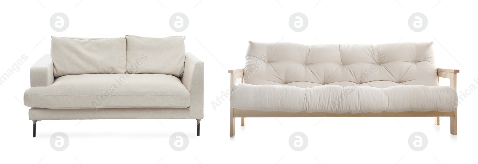 Image of Different stylish sofas on white background, collage. Banner design