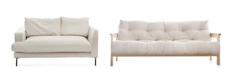 Different stylish sofas on white background, collage. Banner design