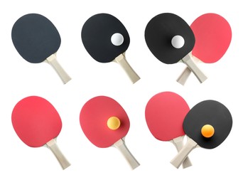 Image of Set with ping pong rackets and balls on white background, top view