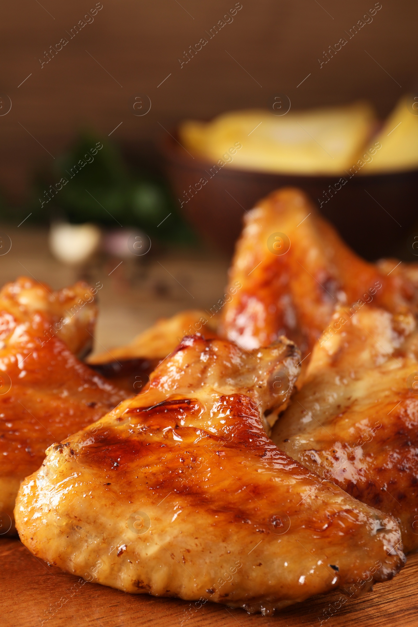 Photo of Closeup view of delicious fried chicken wings