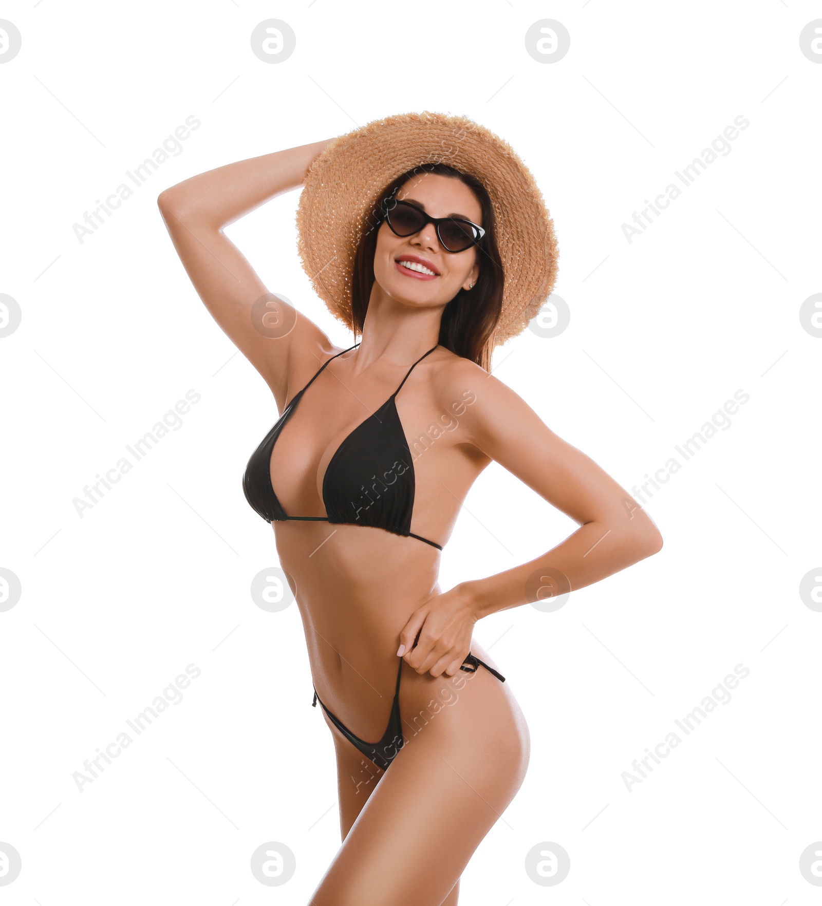 Photo of Beautiful woman in stylish bikini on white background