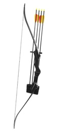 Black bow and plastic arrows on white background. Archery sports equipment
