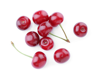 Bunch of juicy cherries on white background, top view