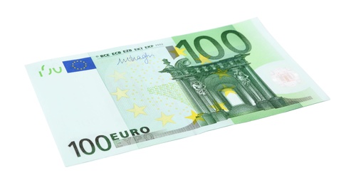Photo of One hundred Euro banknote lying on white background