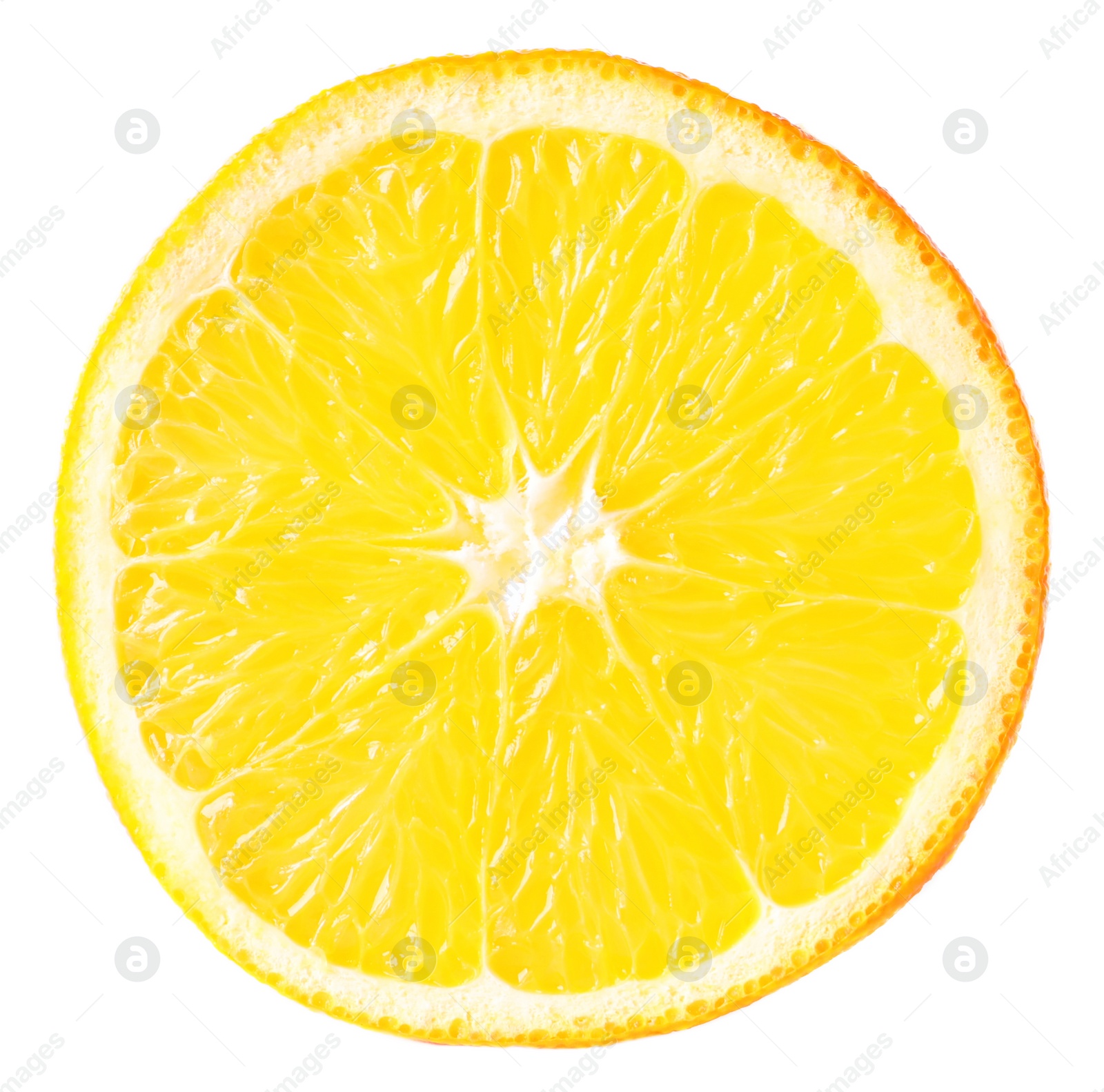 Photo of Citrus fruit. Slice of fresh orange isolated on white