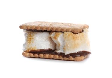 Photo of Delicious marshmallow sandwich with crackers and chocolate isolated on white