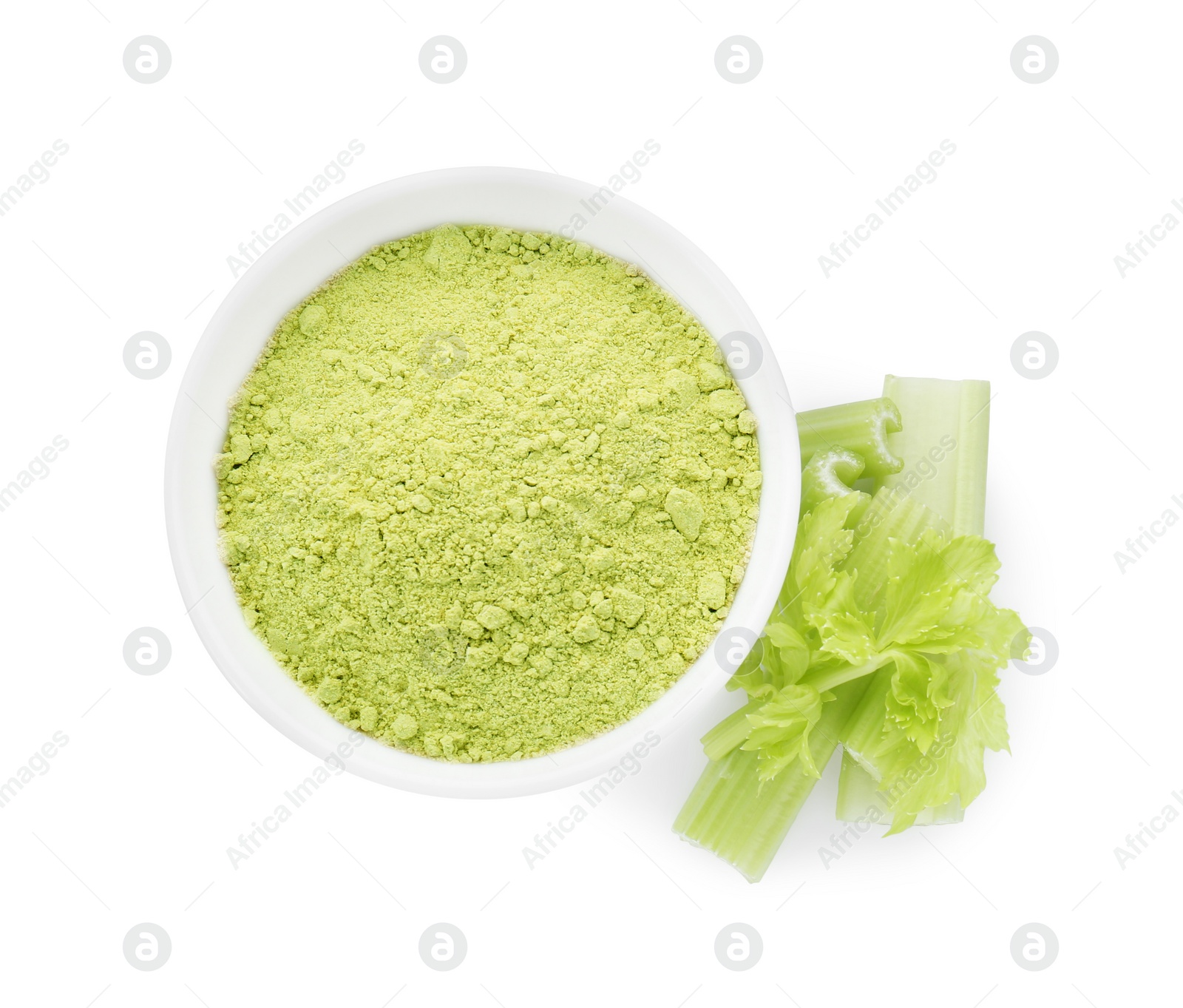 Photo of Bowl of celery powder and fresh cut stalk isolated on white, top view