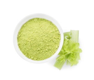 Bowl of celery powder and fresh cut stalk isolated on white, top view