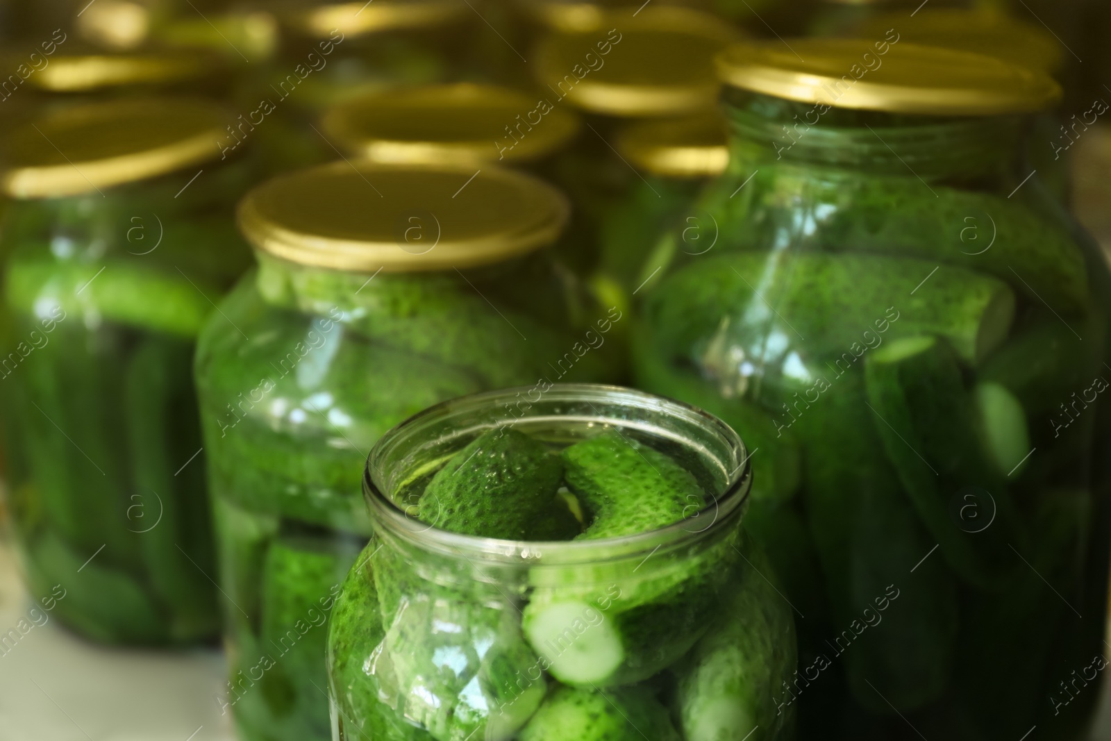 Photo of Many pickling jars with fresh cucumbers, closeup