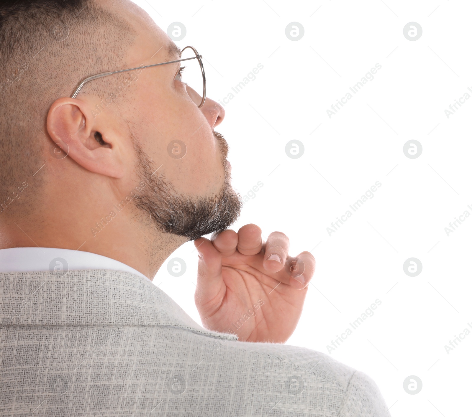 Photo of Confident businessman with glasses on white background, closeup