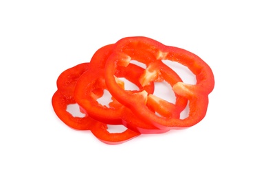 Photo of Slices of ripe red bell pepper isolated on white