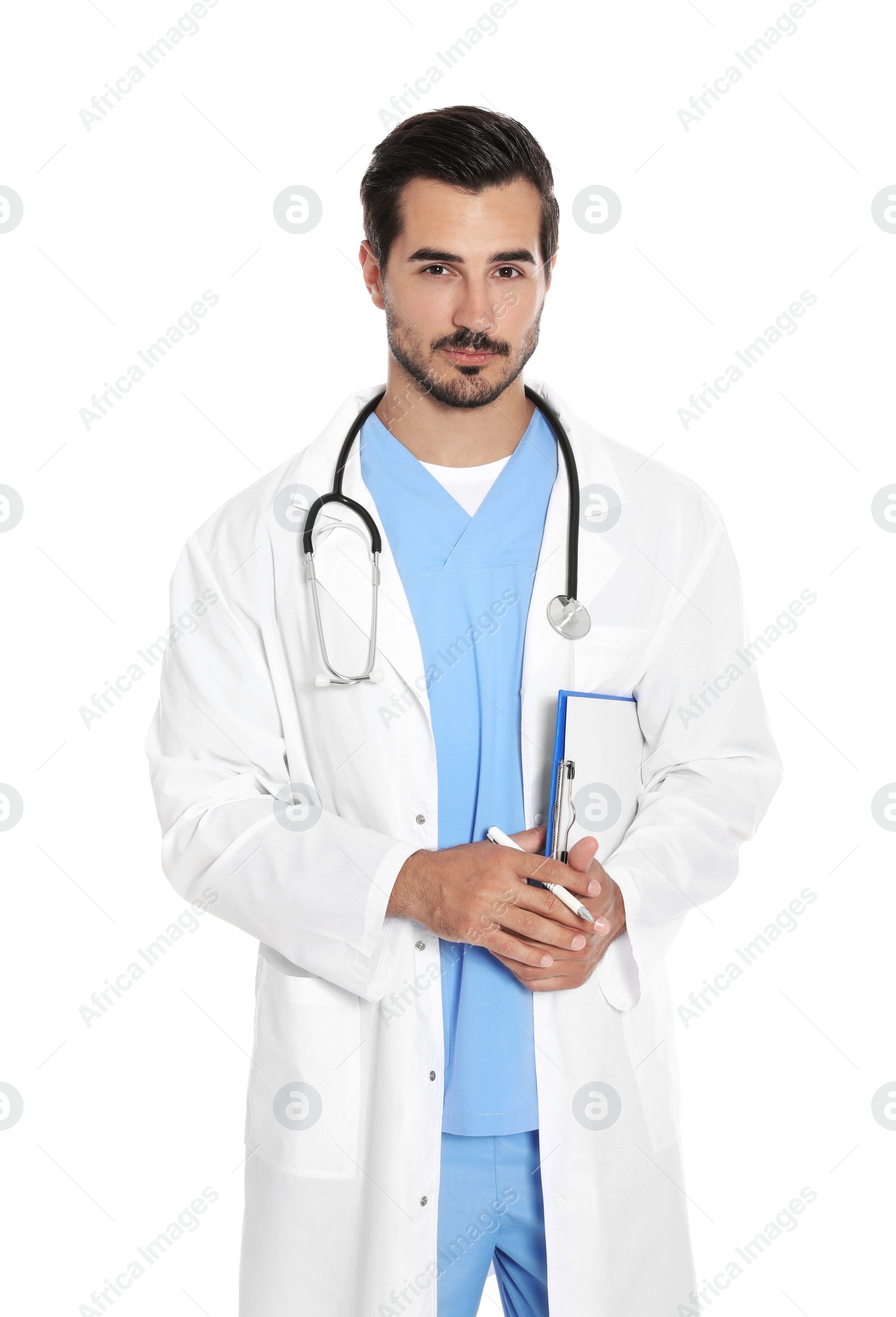 Photo of Young male doctor in uniform with stethoscope and clipboard on white background. Medical service