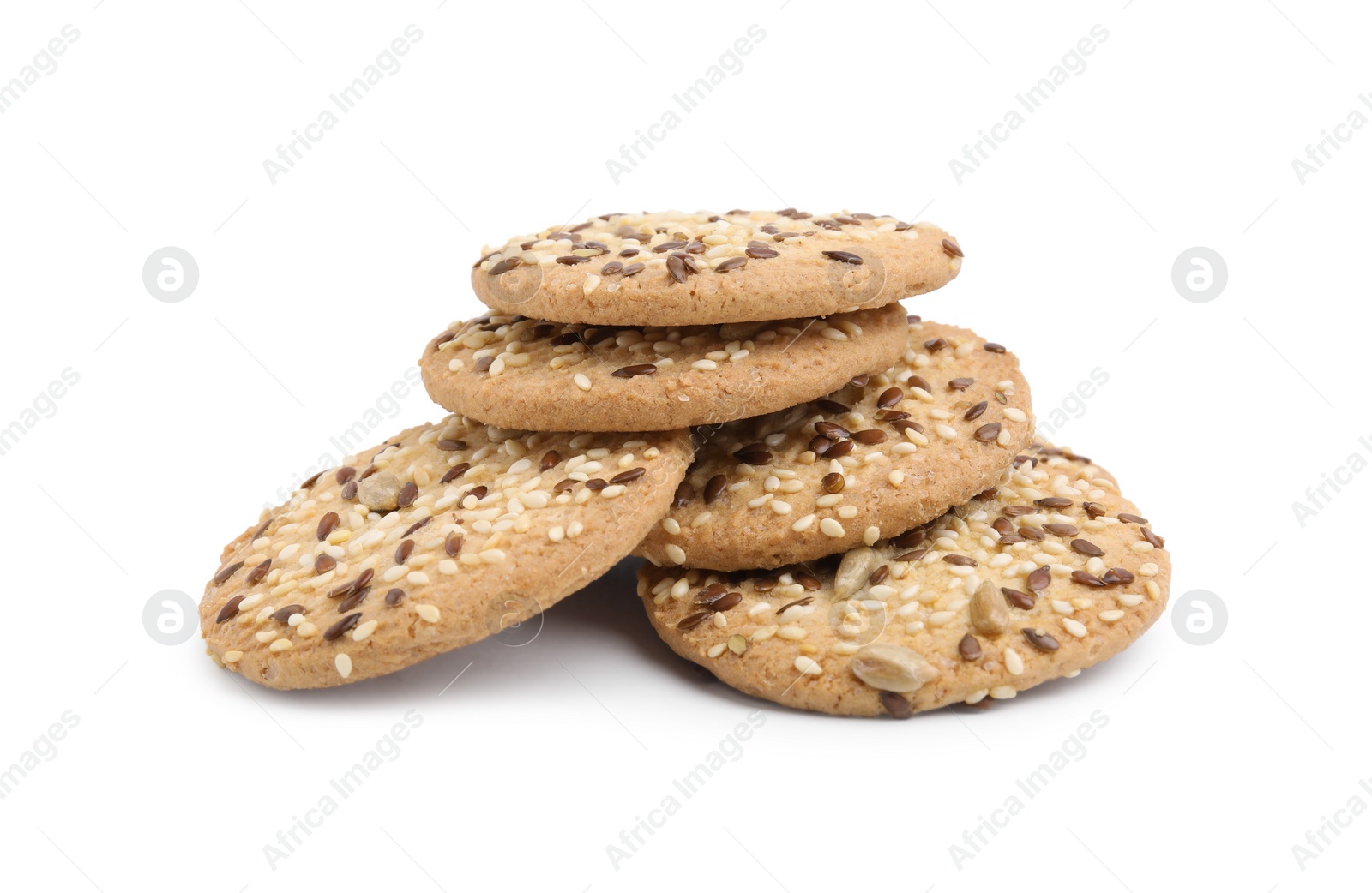 Photo of Round cereal crackers with flax, sunflower and sesame seeds isolated on white