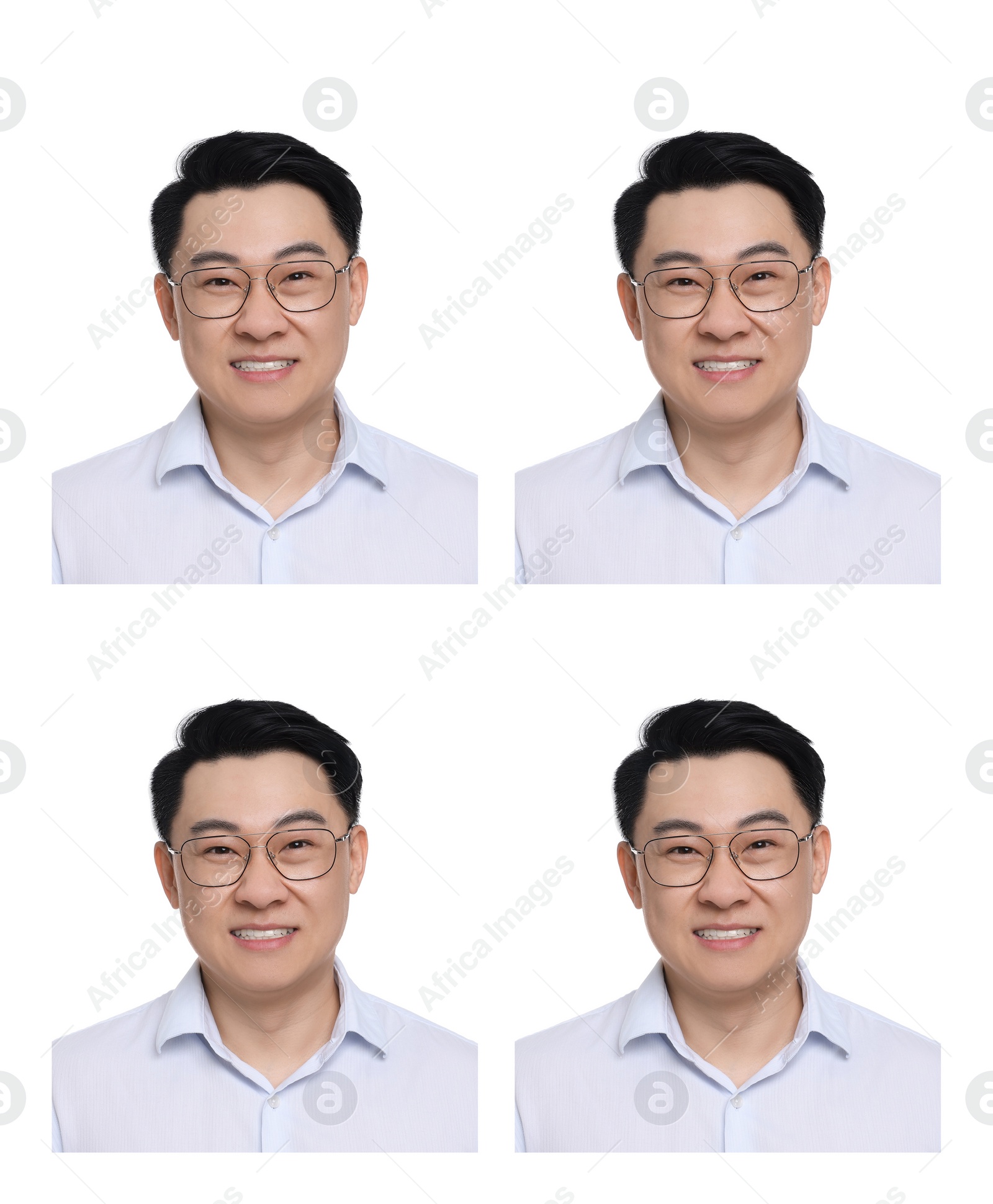 Image of Passport photo, collage. Man on white background, set of photos