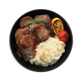 Tasty beef tongue pieces, berries, lemon, rosemary, mashed potatoes and tomato isolated on white, top view