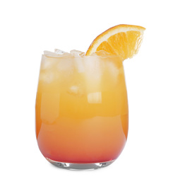 Photo of Fresh alcoholic Tequila Sunrise cocktail isolated on white