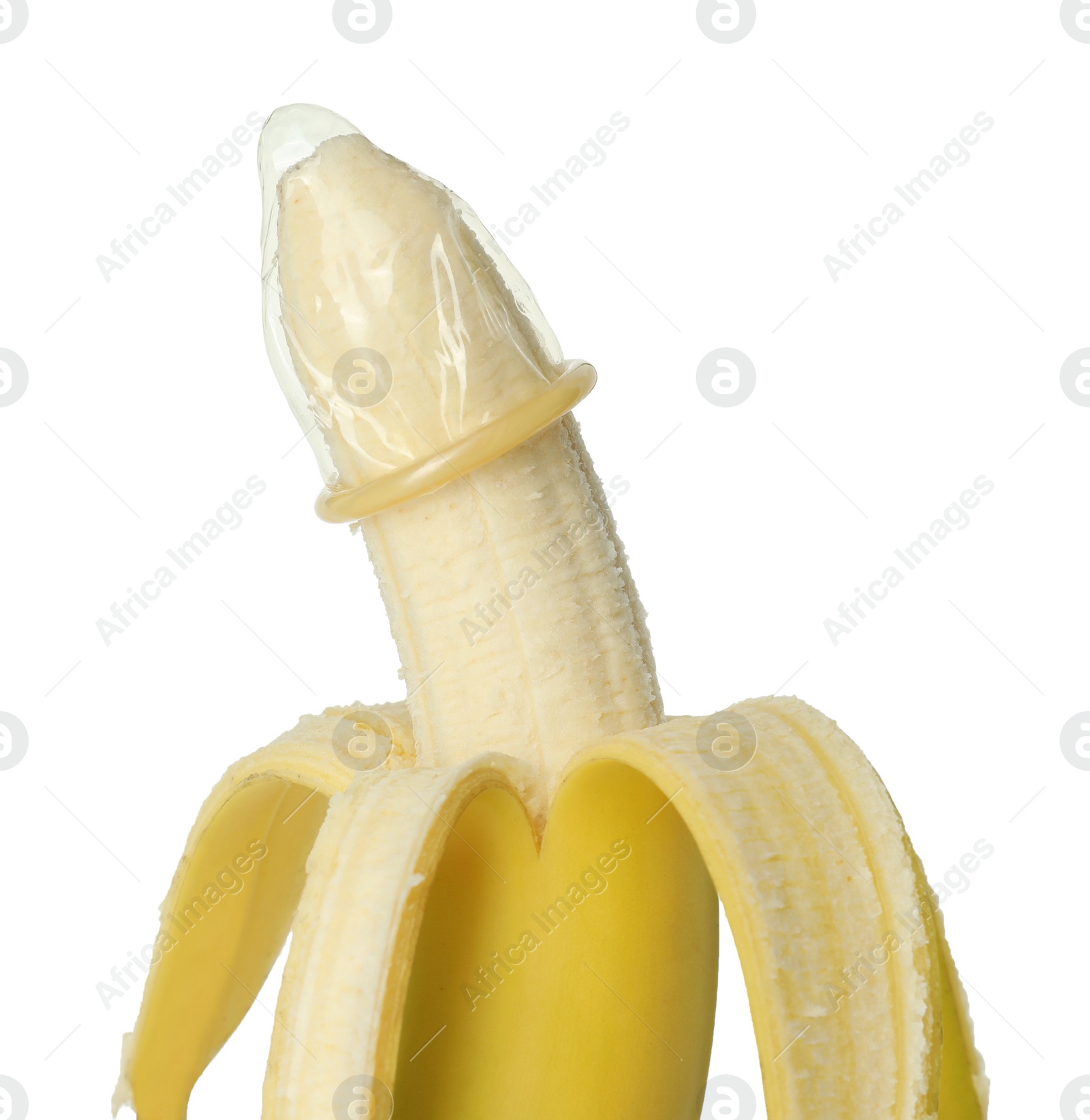 Photo of Banana with condom isolated on white. Safe sex concept