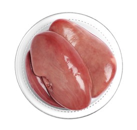 Photo of Bowl with fresh raw pork kidneys on white background, top view