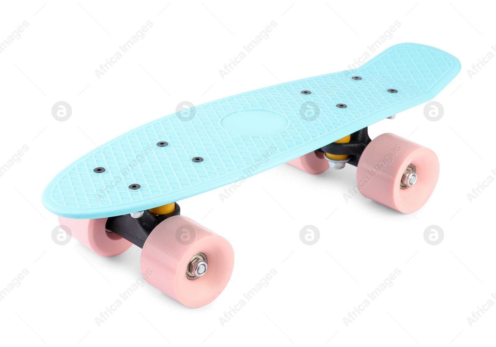 Photo of Light blue skateboard isolated on white. Sports equipment