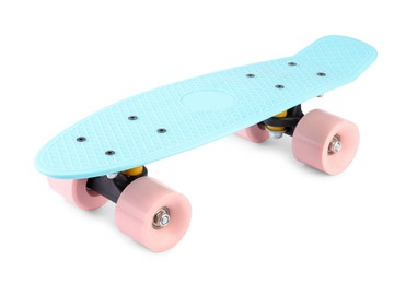Photo of Light blue skateboard isolated on white. Sports equipment