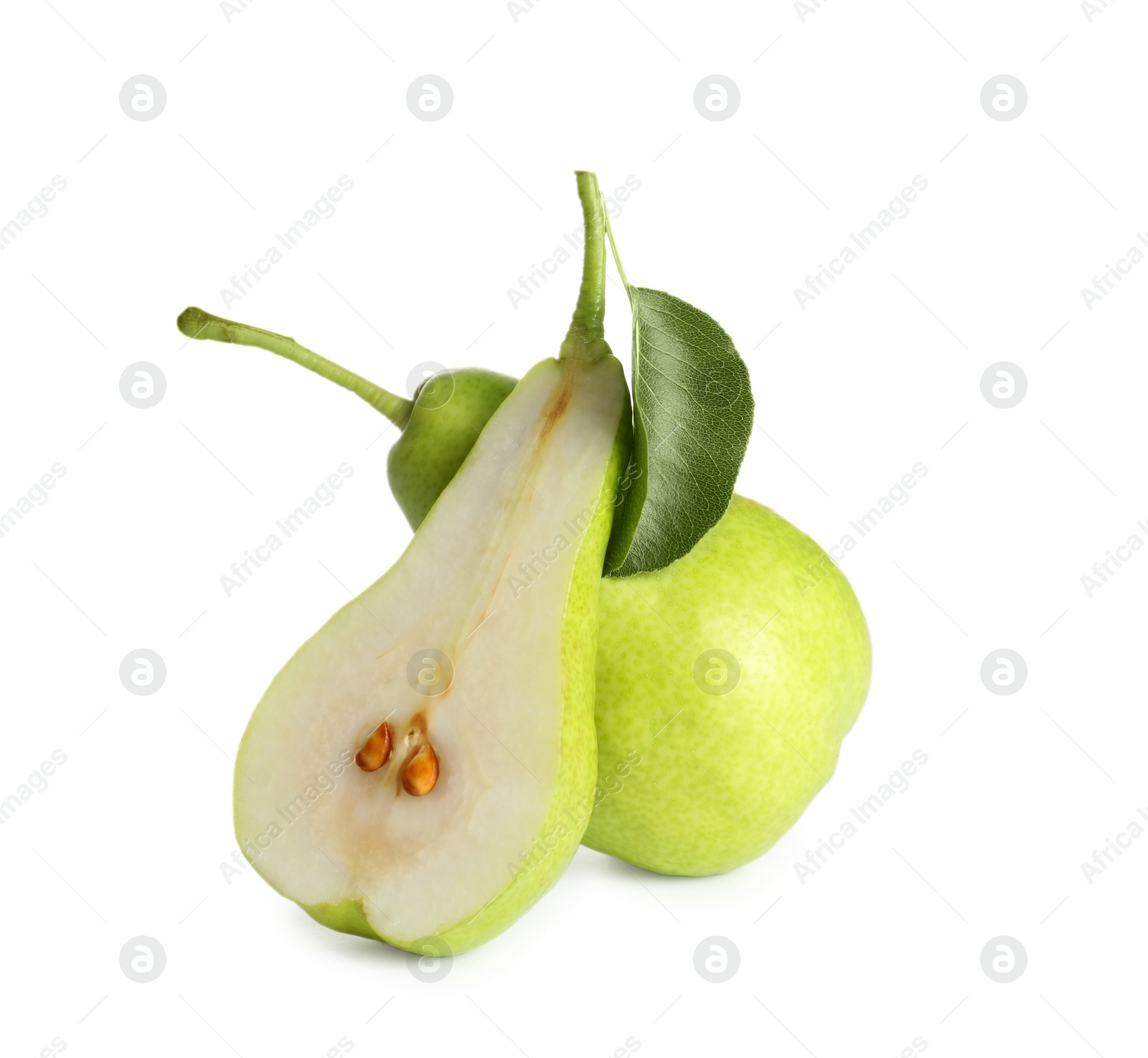 Photo of Whole and sliced pears on white background