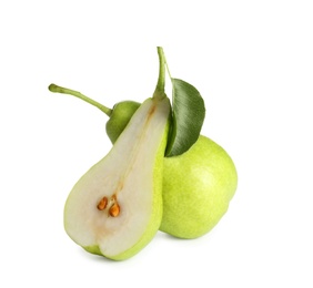 Photo of Whole and sliced pears on white background