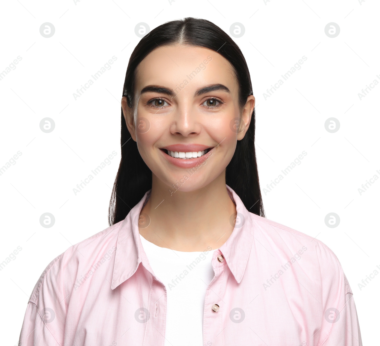 Photo of Beautiful woman with clean teeth smiling on white background