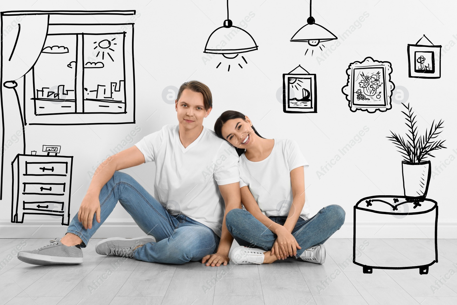 Image of Happy couple dreaming about renovation on floor. Illustrated interior design