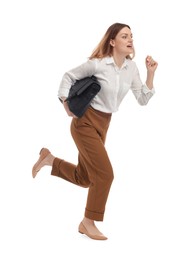 Photo of Beautiful businesswoman with briefcase running on white background