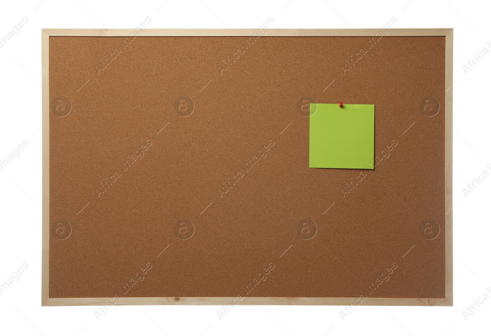 Photo of Empty note pinned to cork board on white background