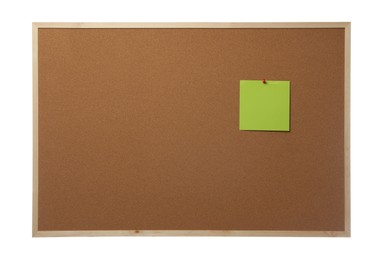 Photo of Empty note pinned to cork board on white background