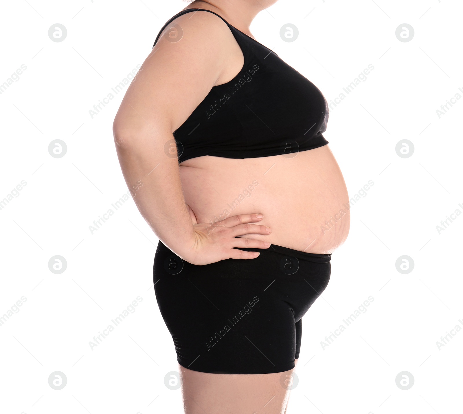 Photo of Fat woman on white background, closeup. Weight loss