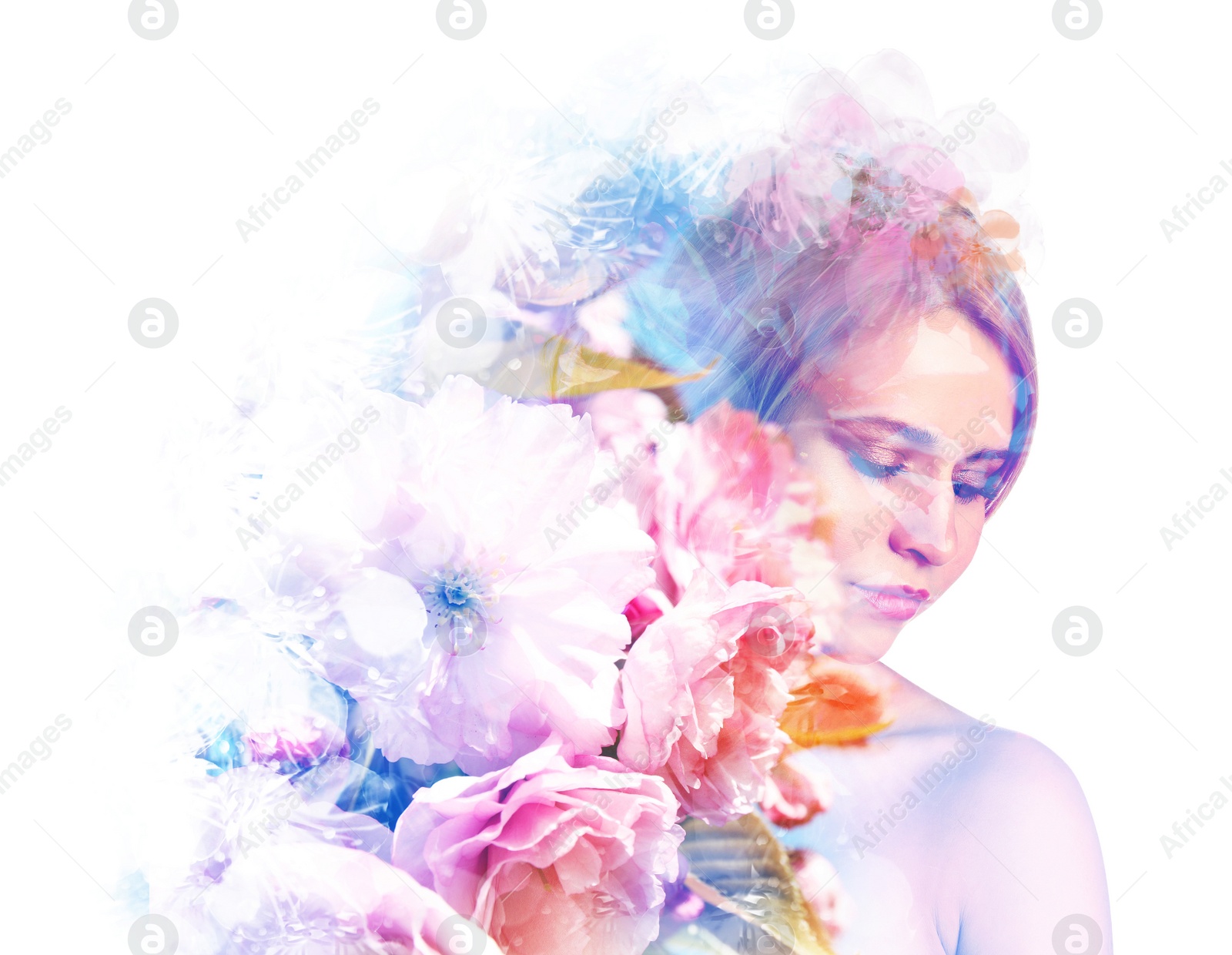 Image of Double exposure of beautiful woman and blooming flowers