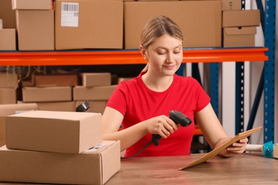 Photo of Post office worker with scanner reading parcel barcode at counter indoors