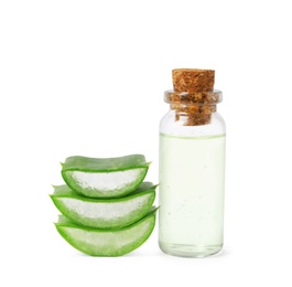 Photo of Aloe vera and bottle of juice on white background