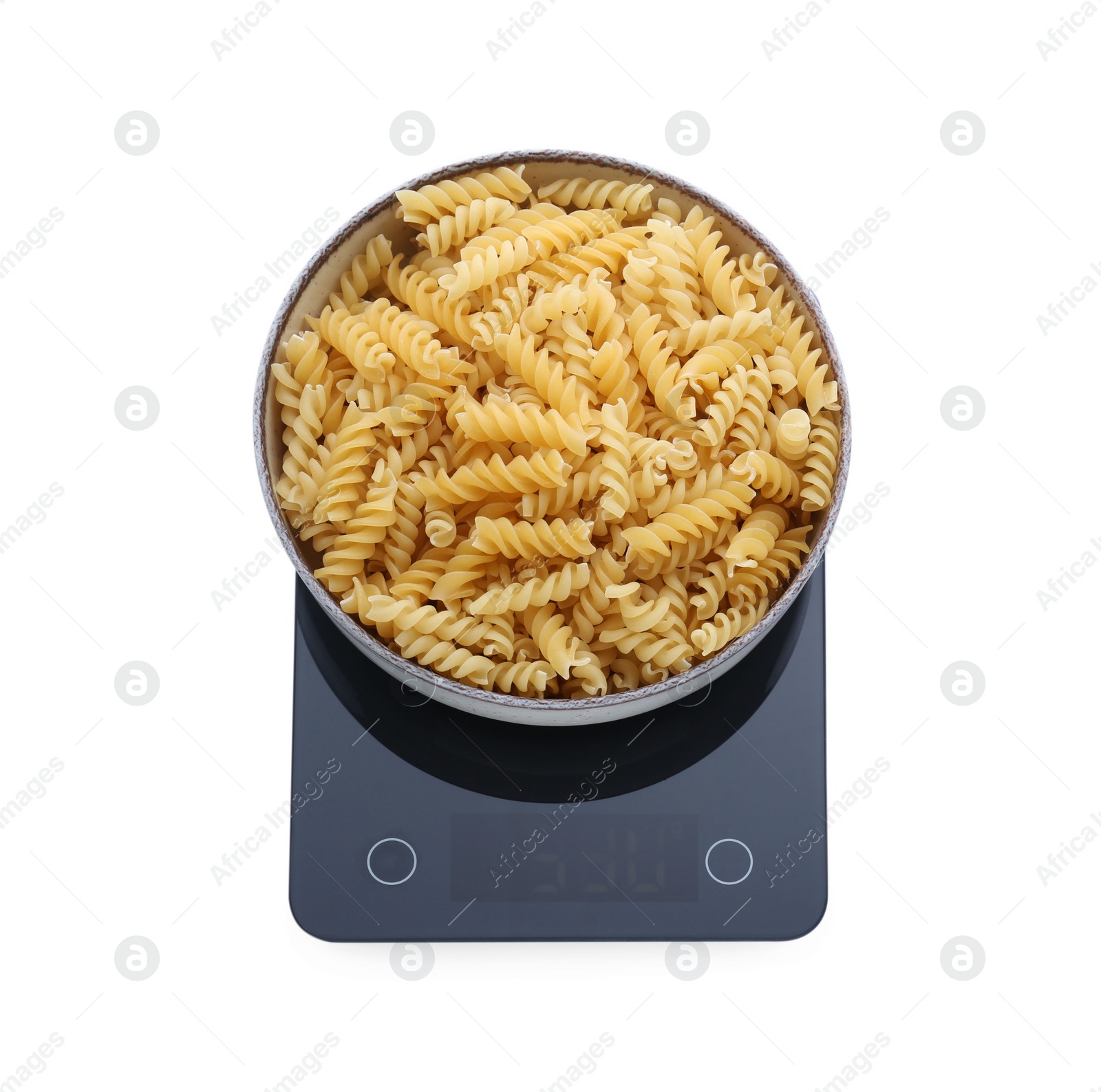 Photo of Modern kitchen scale with bowl of raw pasta isolated on white